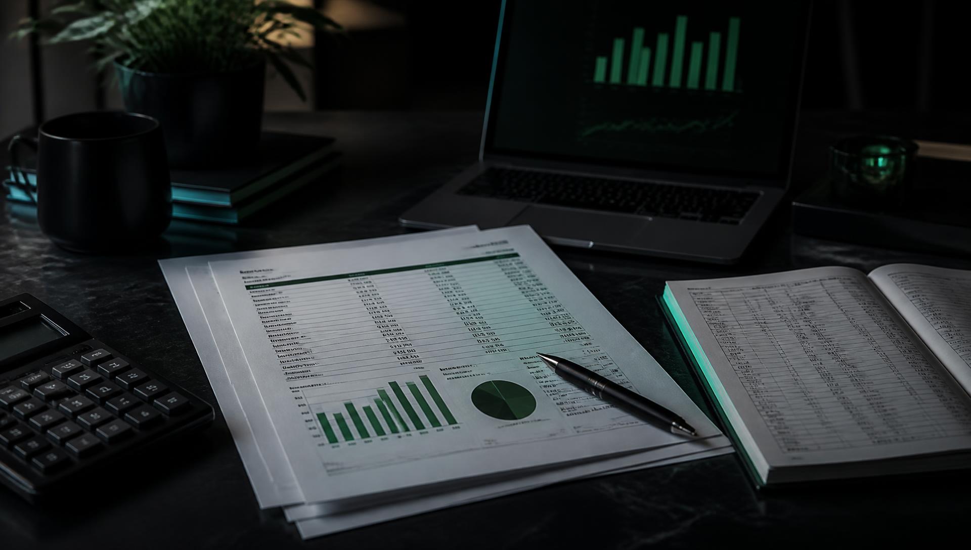 Monthly financial statements, ledgers and charts on an accountant's desk